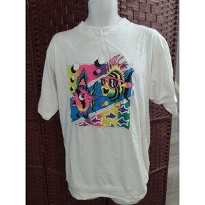 Vintage 90s Tropical Fish Print T Shirt Mock Neck Retro Unisex Size M/L